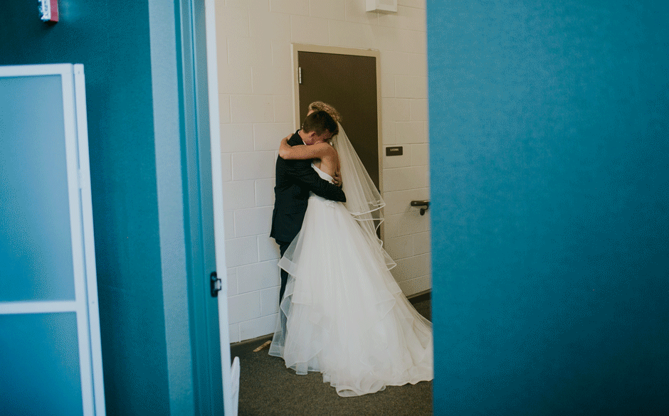 bride and groom first moment alone as newlyweds