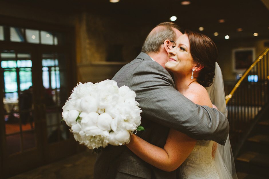 bride and dad hugging 