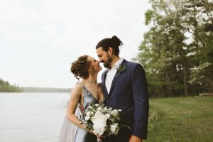 closer up of couple at long lake wedding