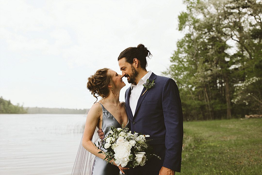 closer up of couple at long lake wedding 